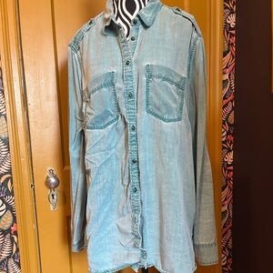 Casual Express Boyfriend Button-Up Shirt Teal Blue Size L
